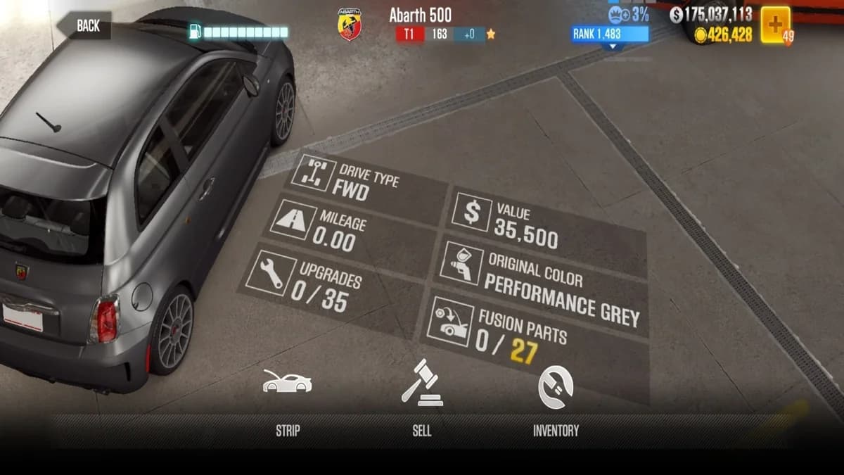 Abarth 500 CSR2 fusion parts and upgrade breakdown, tier 1 gold star car