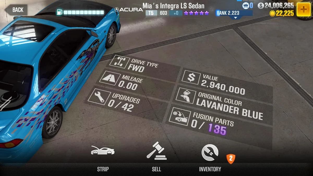 Mia's Acura Integra LS Sedan (FnF) CSR2 fusion parts and upgrade breakdown, tier 5 purple star car