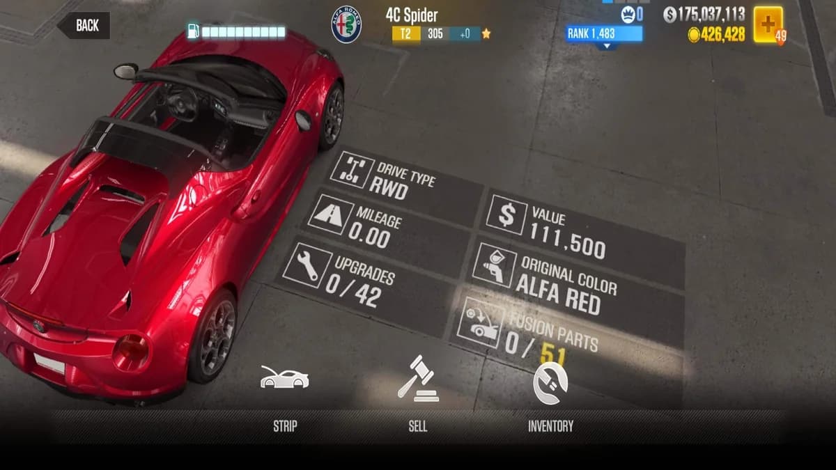 Alfa Romeo 4C Spider CSR2 fusion parts and upgrade breakdown, tier 2 gold star car