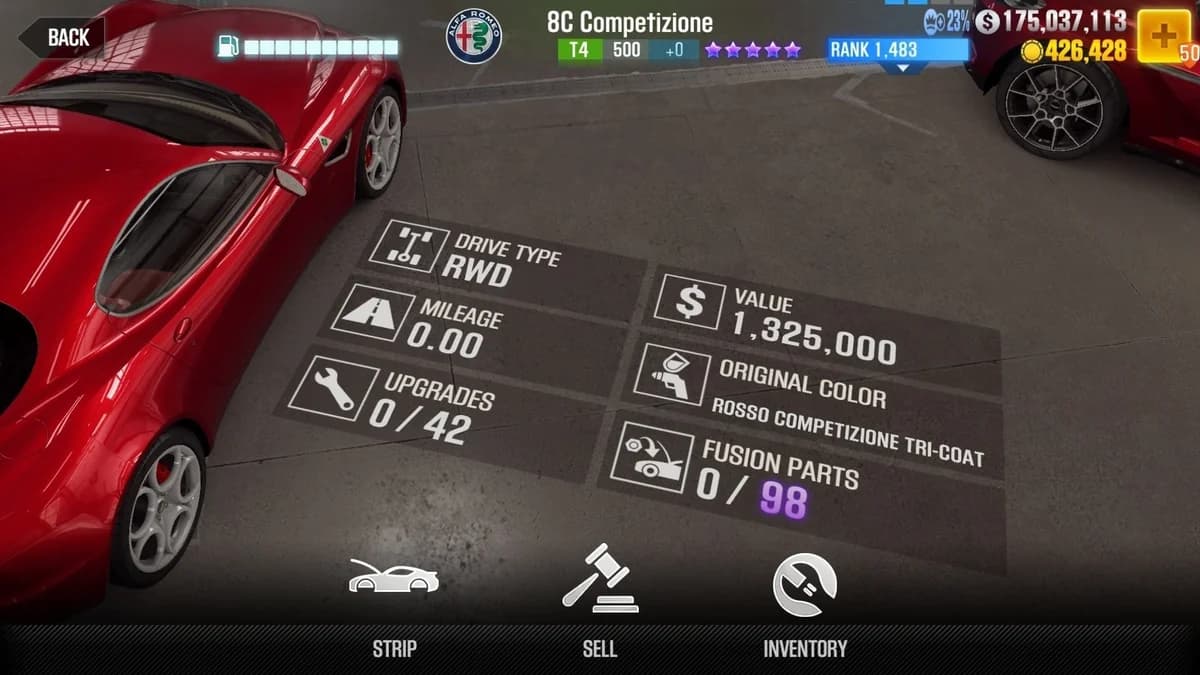 Alfa Romeo 8C Competizione CSR2 fusion parts and upgrade breakdown, tier 4 purple star car