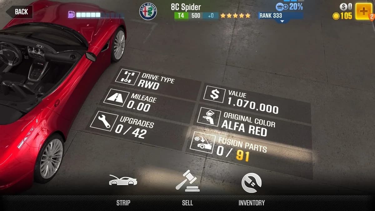 Alfa Romeo 8C Spider CSR2 fusion parts and upgrade breakdown, tier 4 gold star car