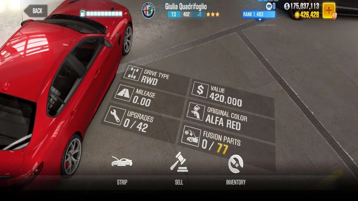 Alfa Romeo Giulia Quadrifoglio CSR2 fusion parts and upgrade breakdown, tier 3 gold star car