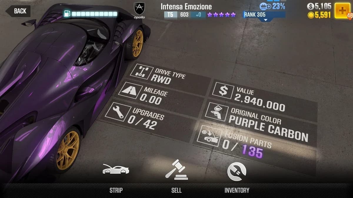 Apollo Intensa Emozione (Purple) CSR2 fusion parts and upgrade breakdown, tier 5 purple star car