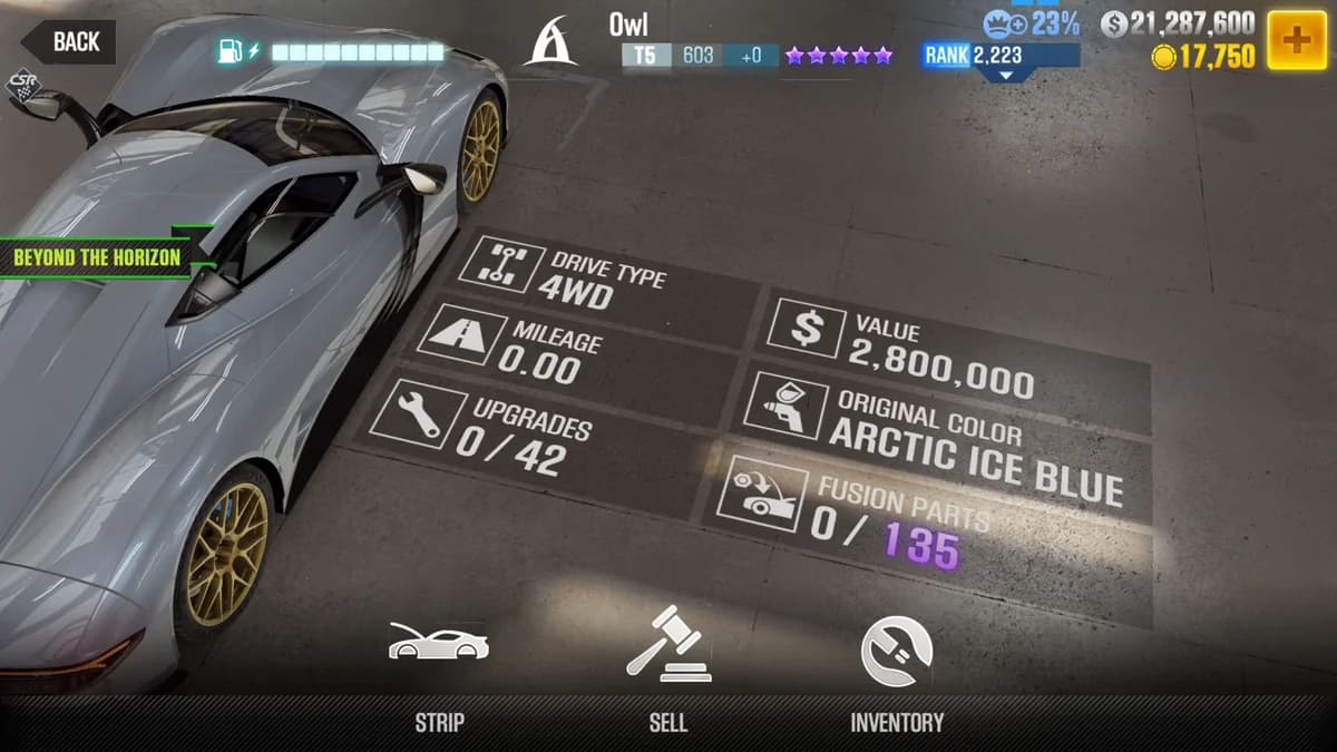 Aspark Owl CSR2 fusion parts and upgrade breakdown, tier 5 purple star car
