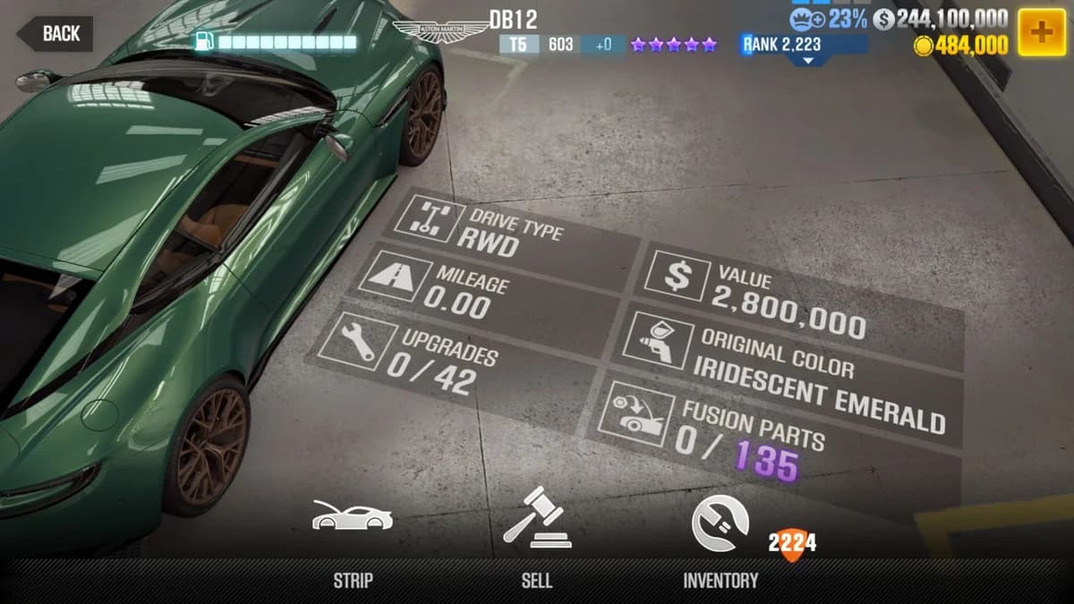 Aston Martin DB12 CSR2 fusion parts and upgrade breakdown, tier 5 purple star car
