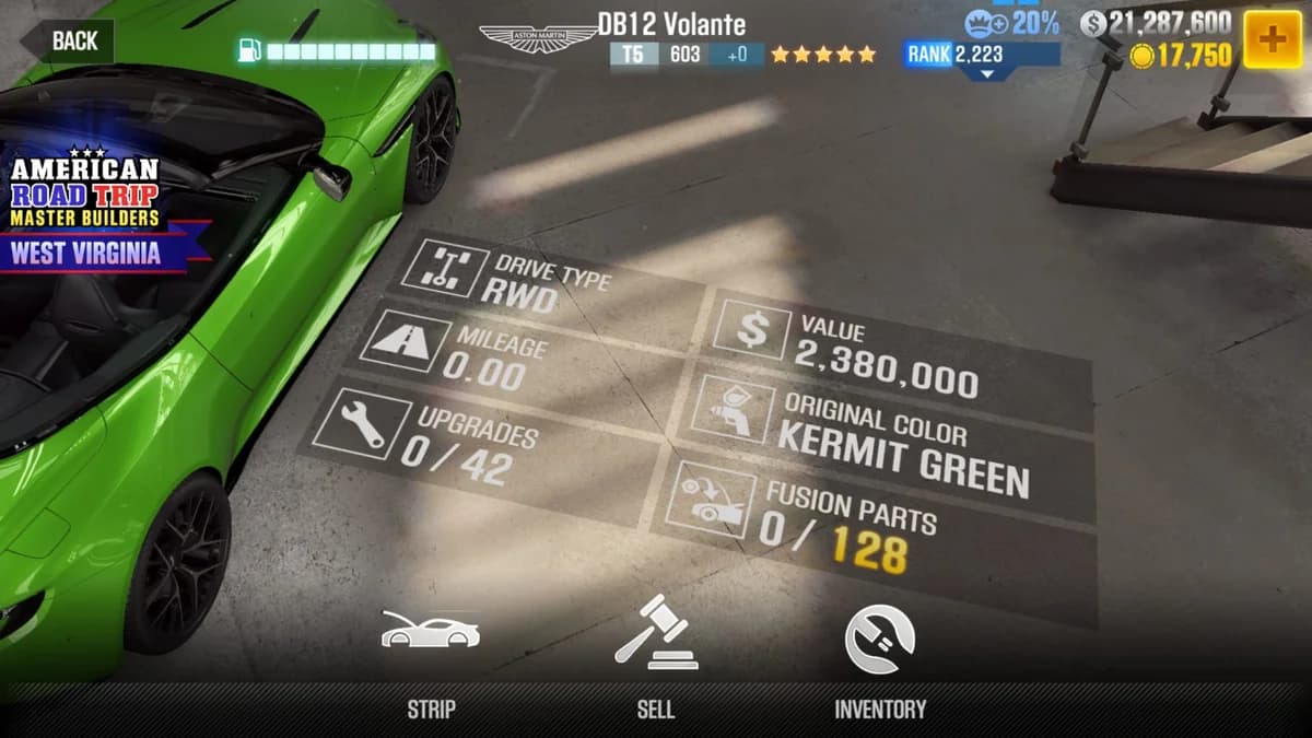 Aston Martin DB12 Volante CSR2 fusion parts and upgrade breakdown, tier 5 gold star car
