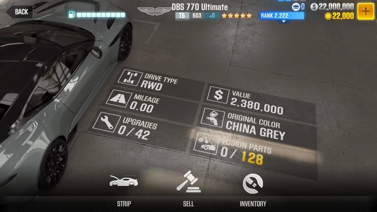 Aston Martin DBS 770 Ultimate CSR2 fusion parts and upgrade breakdown, tier 5 gold star car