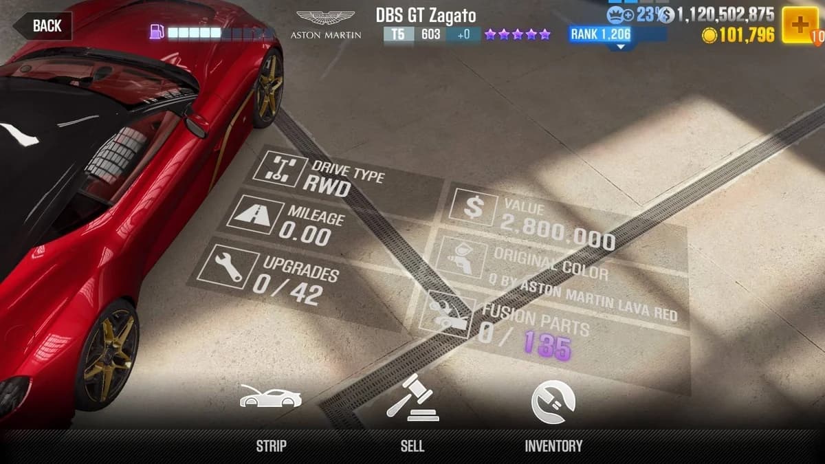 Aston Martin DBS GT Zagato CSR2 fusion parts and upgrade breakdown, tier 5 purple star car