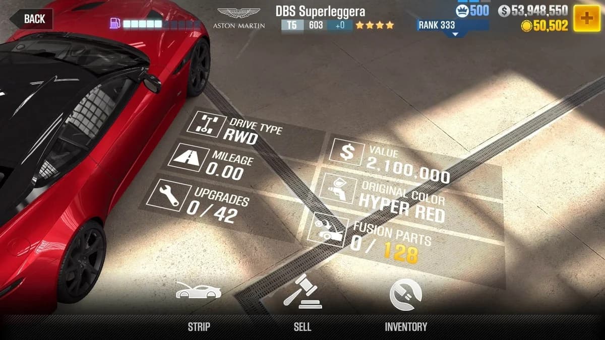 Aston Martin DBS Superleggera CSR2 fusion parts and upgrade breakdown, tier 5 purple star car