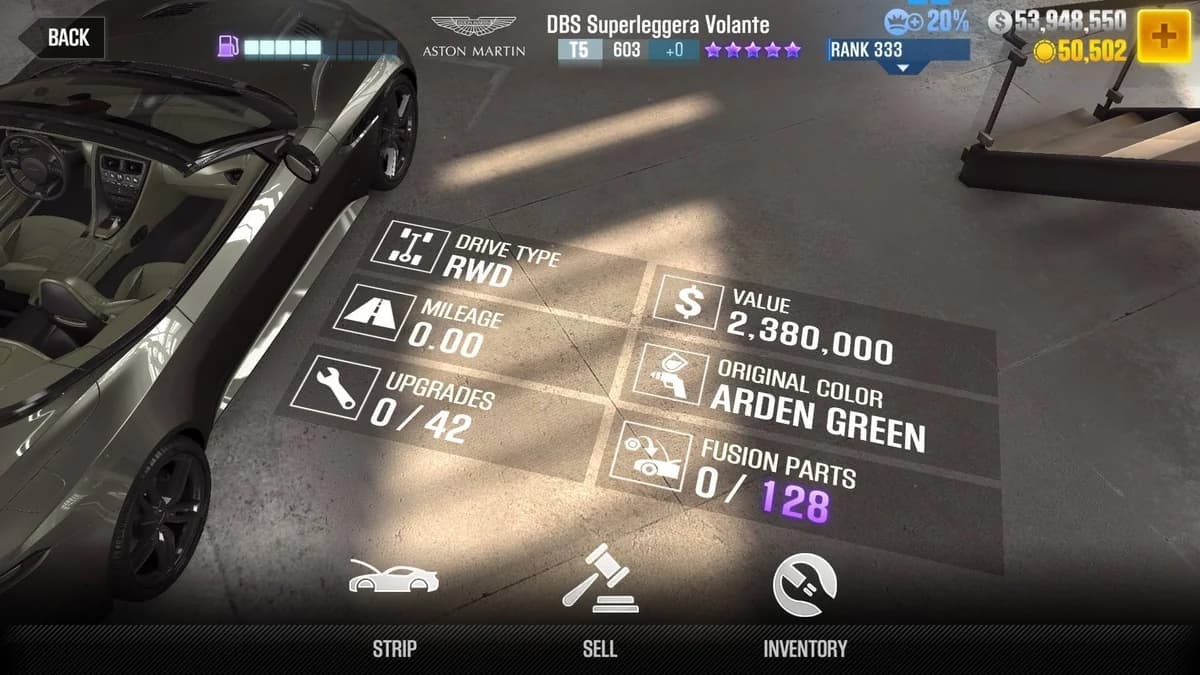 Aston Martin DBS Superleggera Volante CSR2 fusion parts and upgrade breakdown, tier 5 purple star car