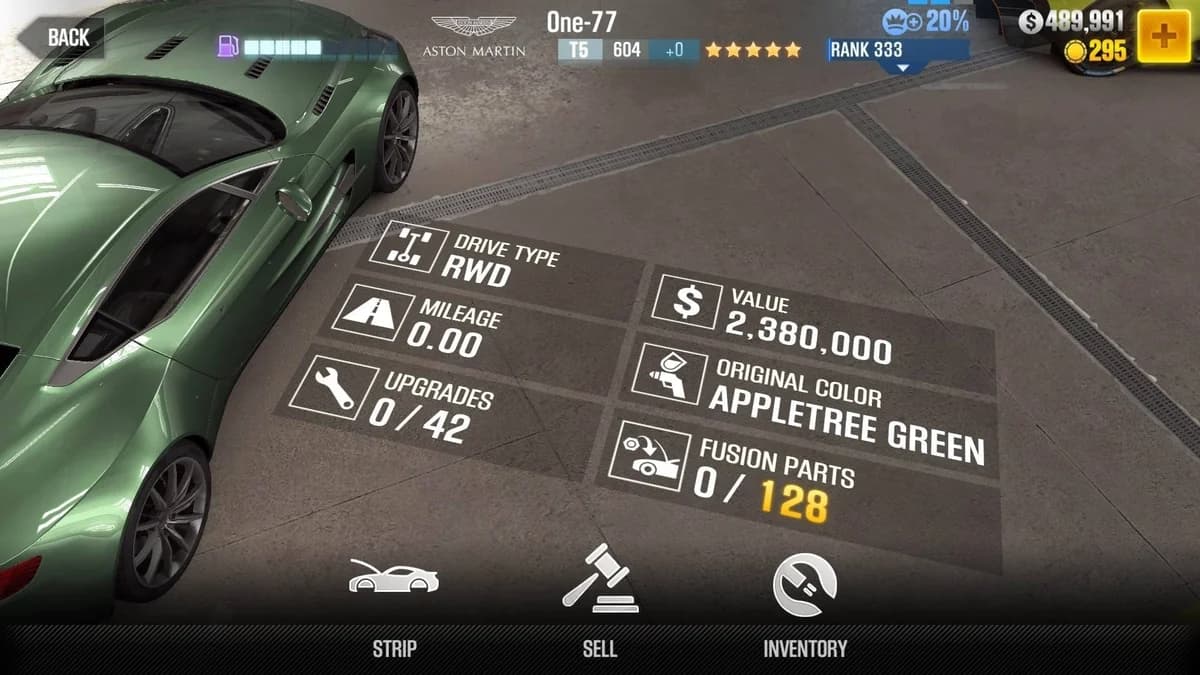 Aston Martin One-77 CSR2 fusion parts and upgrade breakdown, tier 5 purple star car