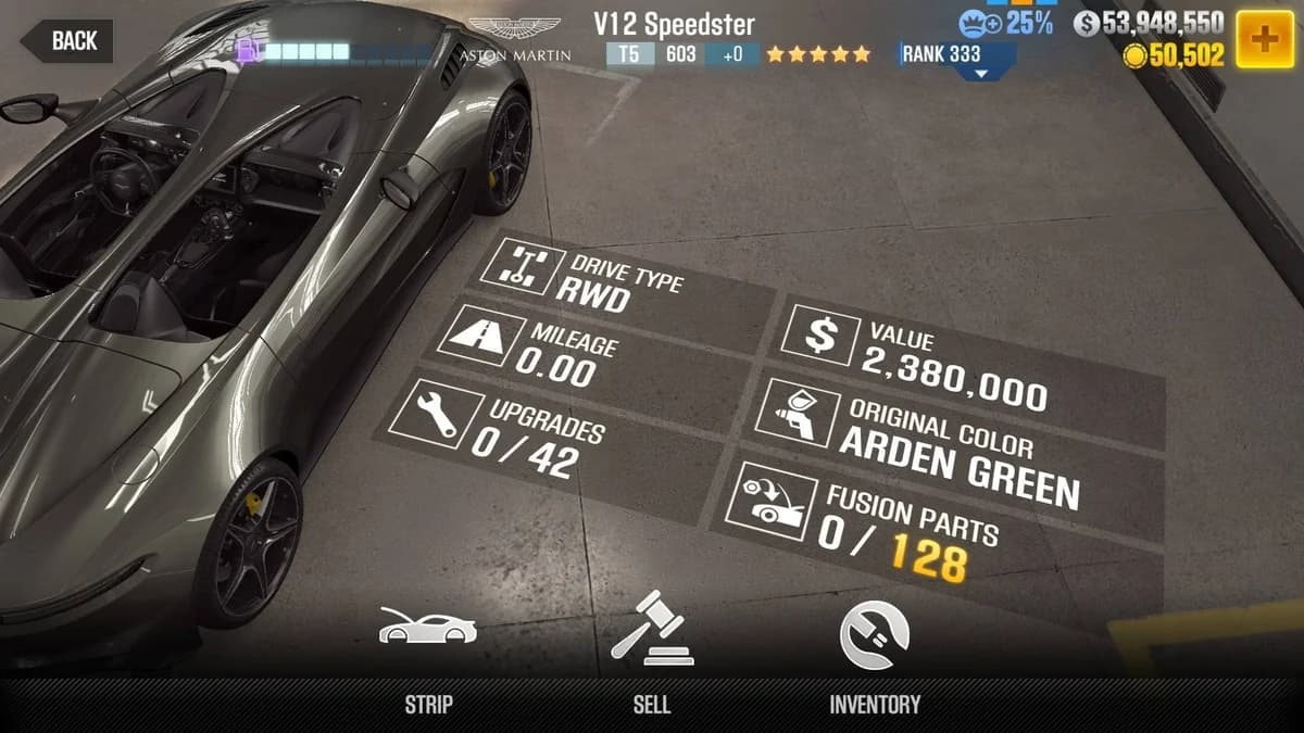 Aston Martin V12 Speedster CSR2 fusion parts and upgrade breakdown, tier 5 gold star car