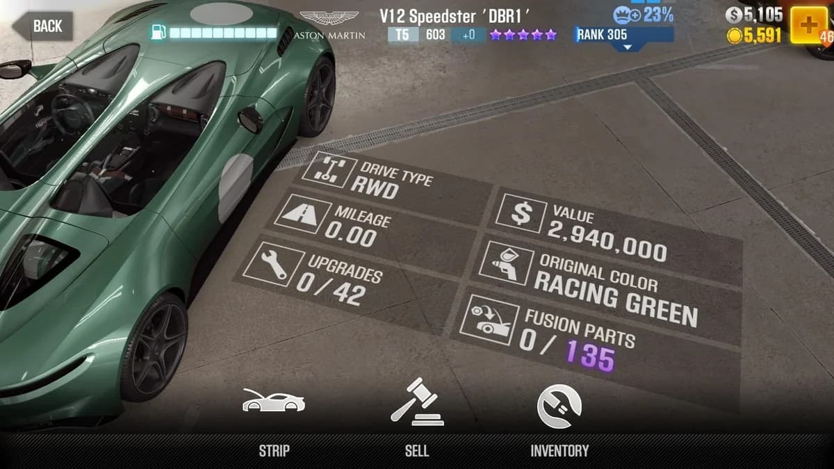 Aston Martin V12 Speedster 'DBR1' CSR2 fusion parts and upgrade breakdown, tier 5 purple star car
