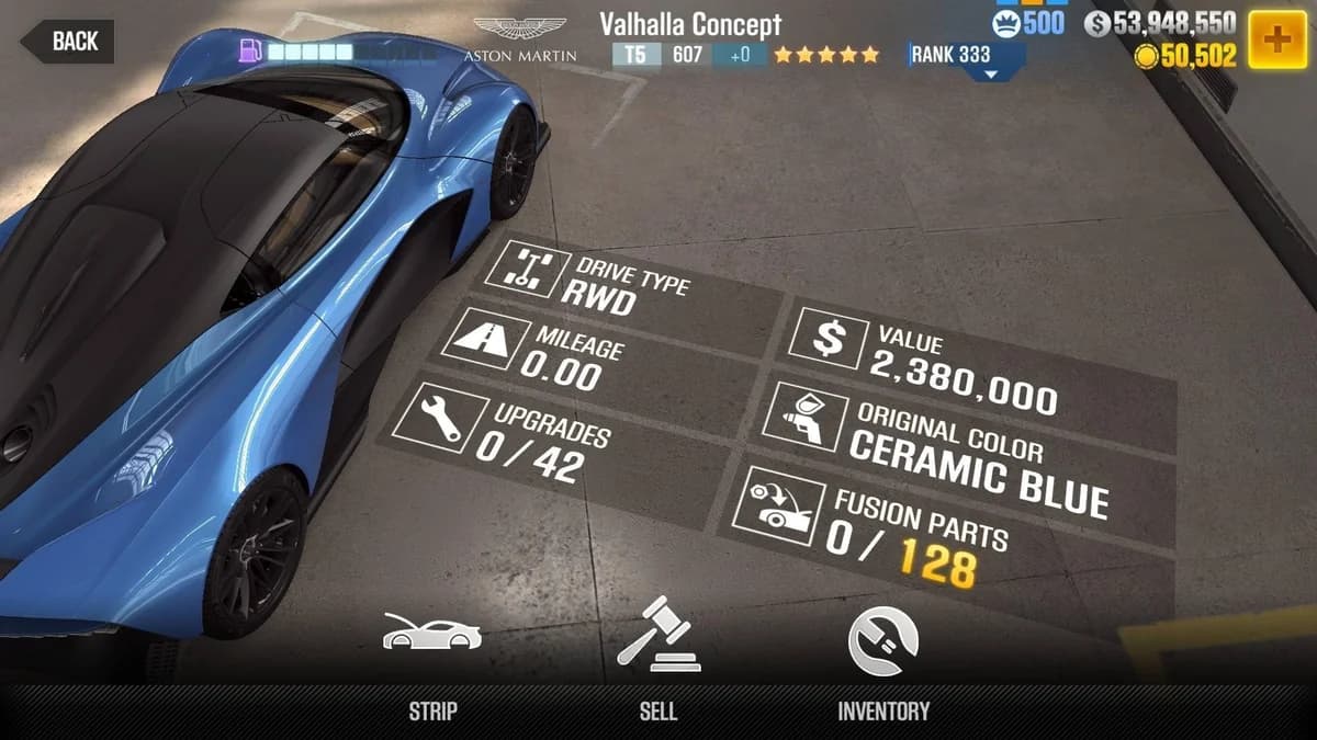 Aston Martin Valhalla Concept CSR2 fusion parts and upgrade breakdown, tier 5 gold star car