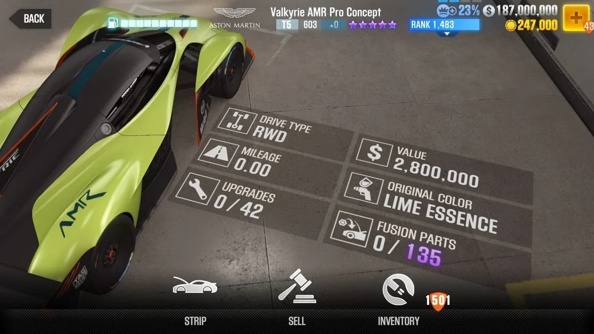 Aston Martin Valkyrie AMR Pro Concept CSR2 fusion parts and upgrade breakdown, tier 5 purple star car