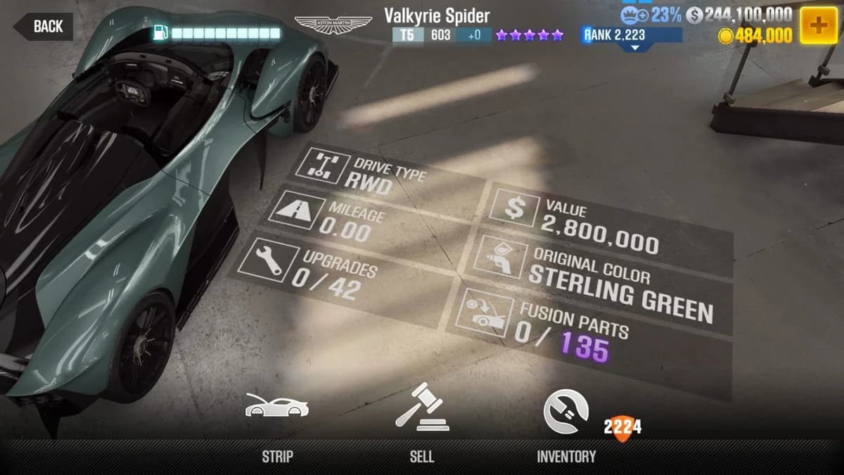 Aston Martin Valkyrie 'Spirit - Designer Spec' CSR2 fusion parts and upgrade breakdown, tier 5 purple star car