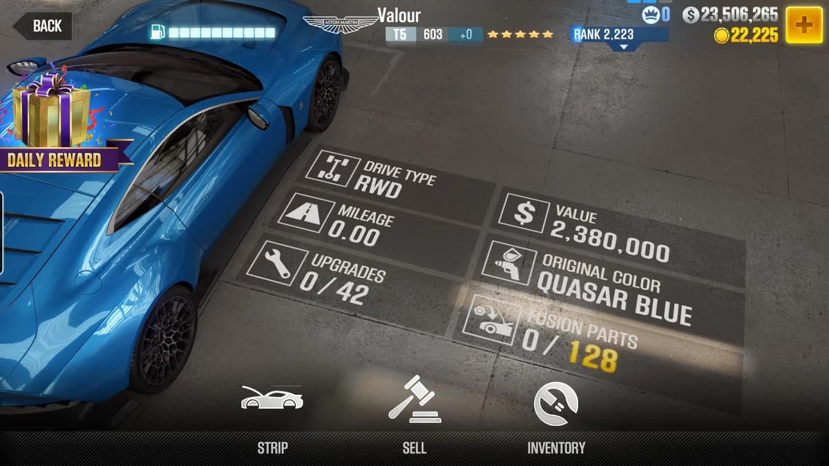 Aston Martin Valour (Green) CSR2 fusion parts and upgrade breakdown, tier 5 purple star car