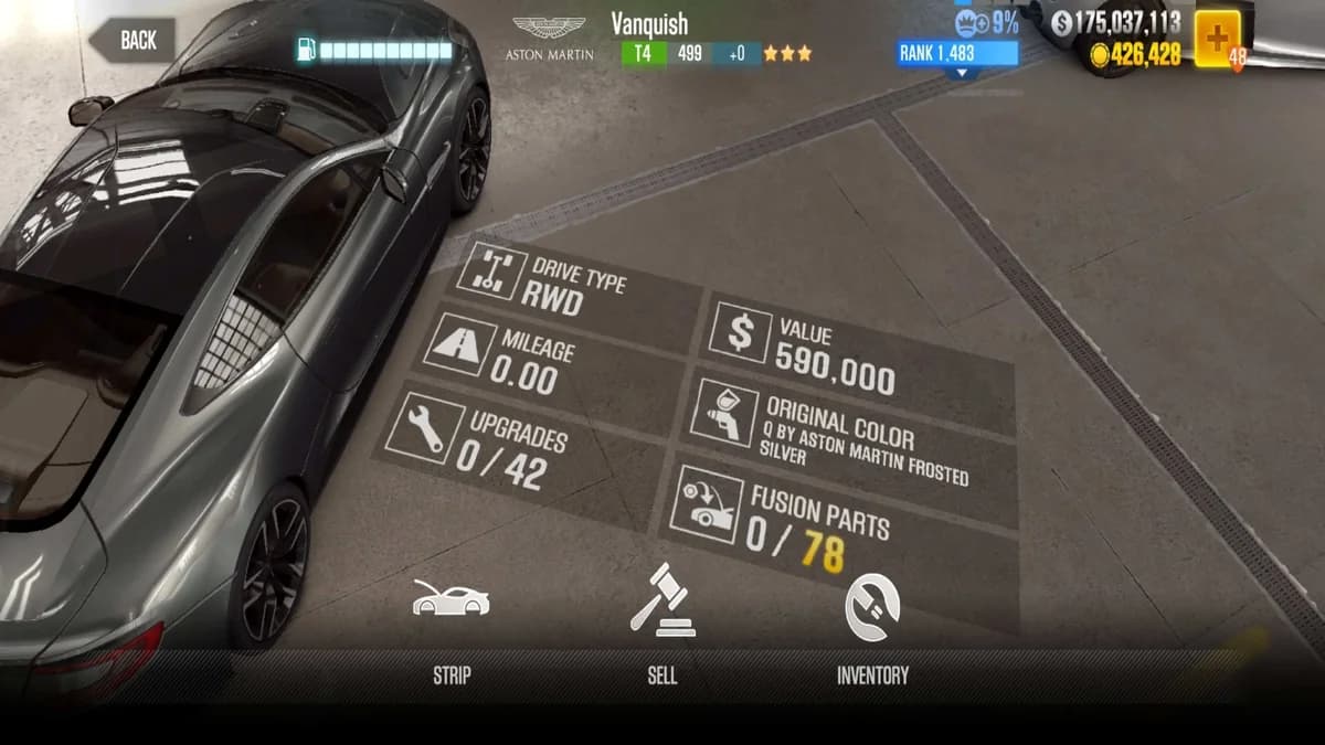 Aston Martin Vanquish CSR2 fusion parts and upgrade breakdown, tier 4 gold star car