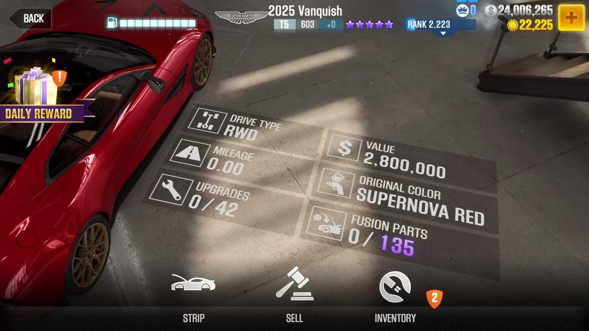 Aston Martin 2025 Vanquish CSR2 fusion parts and upgrade breakdown, tier 5 purple star car