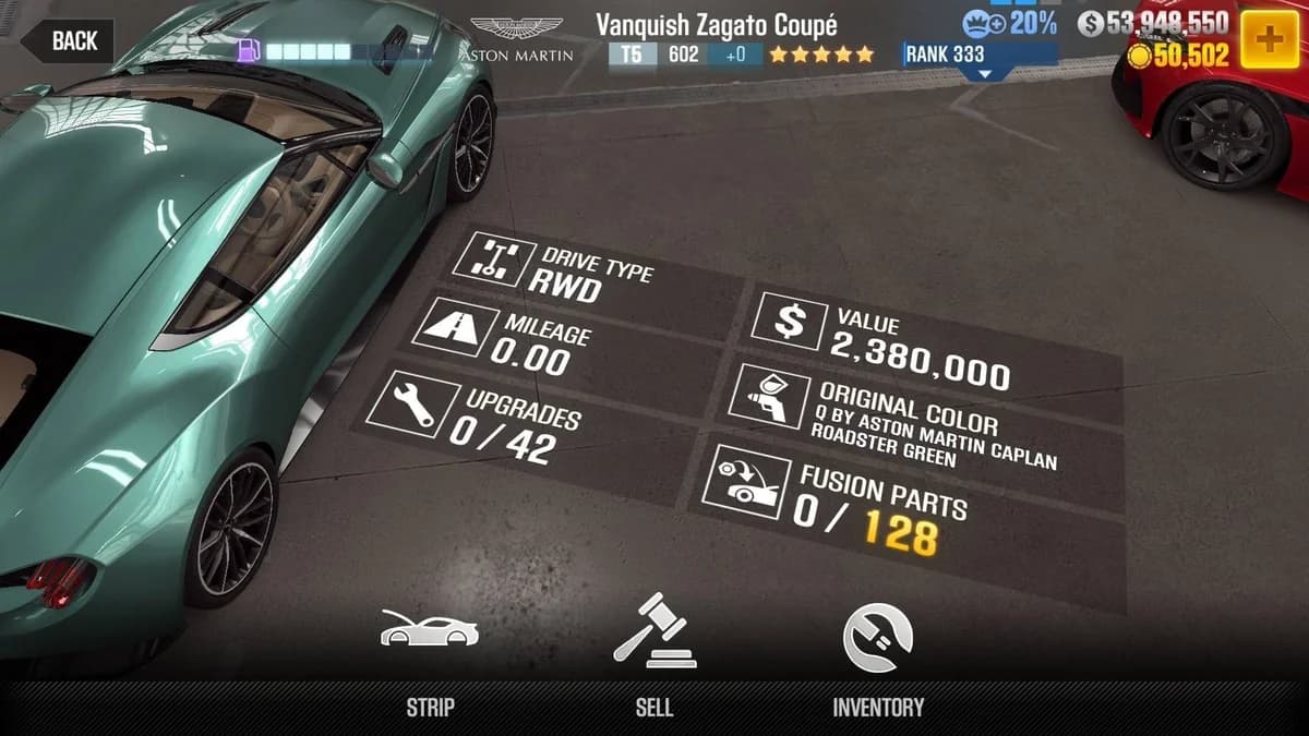 Aston Martin Vanquish Zagato Coupe CSR2 fusion parts and upgrade breakdown, tier 5 gold star car