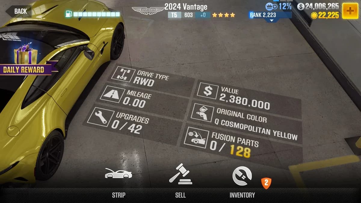 Aston Martin 2024 Vantage CSR2 fusion parts and upgrade breakdown, tier 5 gold star car