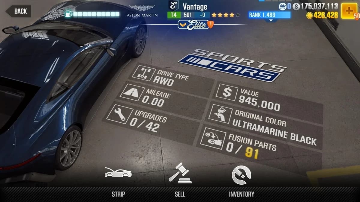 Aston Martin 2018 Vantage (E.C. Level 0) CSR2 fusion parts and upgrade breakdown, tier 4 gold star car