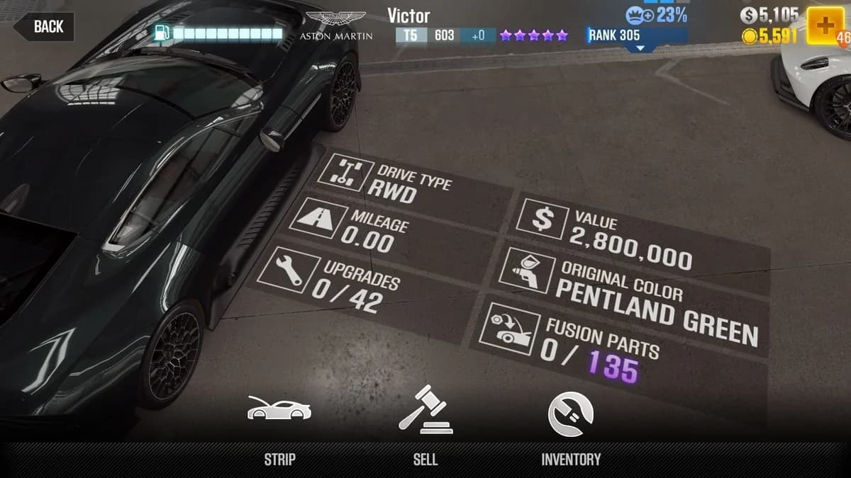 Aston Martin Victor CSR2 fusion parts and upgrade breakdown, tier 5 purple star car