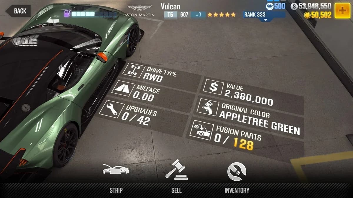 Aston Martin Vulcan CSR2 fusion parts and upgrade breakdown, tier 5 gold star car