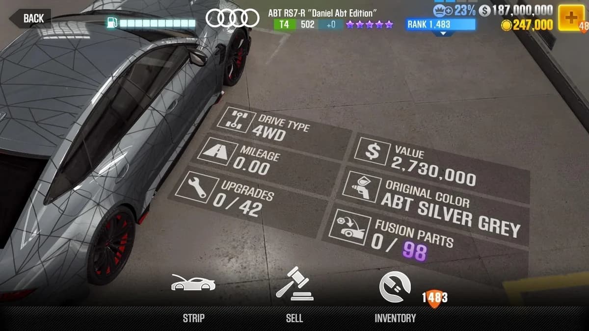 Audi ABT RS7-R ''Daniel Abt Edition'' CSR2 fusion parts and upgrade breakdown, tier 4 purple star car