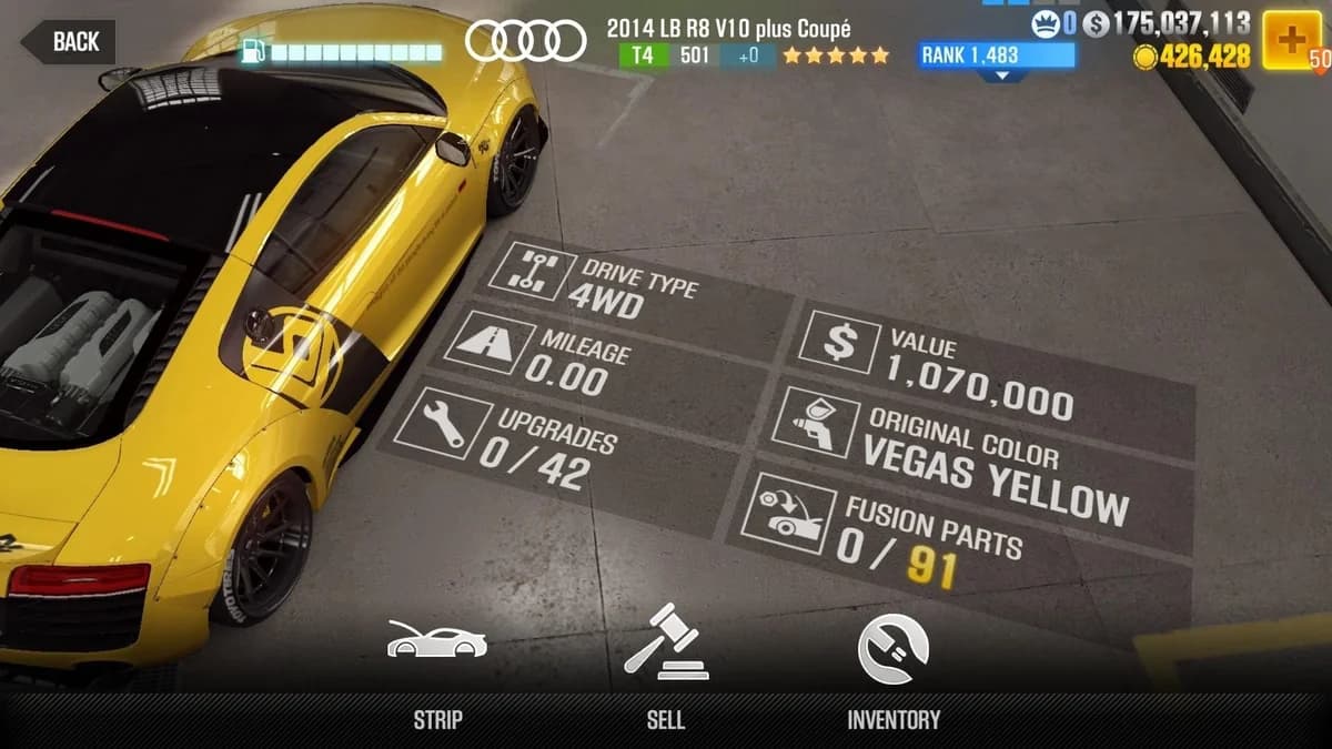 Audi 2014 LB R8 V10 plus Coupe CSR2 fusion parts and upgrade breakdown, tier 4 gold star car