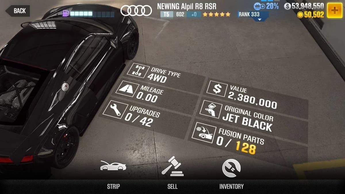 Audi NEWING Alpil R8 RSR CSR2 fusion parts and upgrade breakdown, tier 5 gold star car