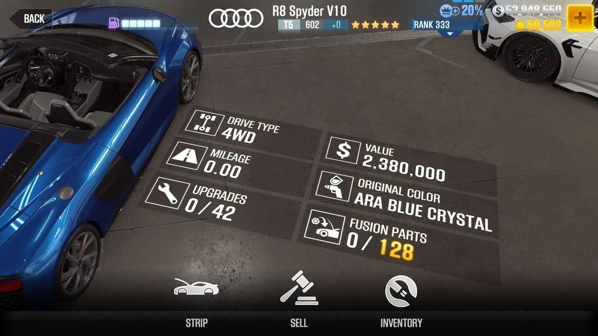 Audi R8 Spyder V10 CSR2 fusion parts and upgrade breakdown, tier 5 gold star car