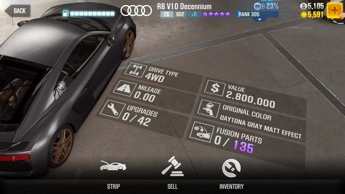 Audi R8 V10 Decennium CSR2 fusion parts and upgrade breakdown, tier 5 purple star car