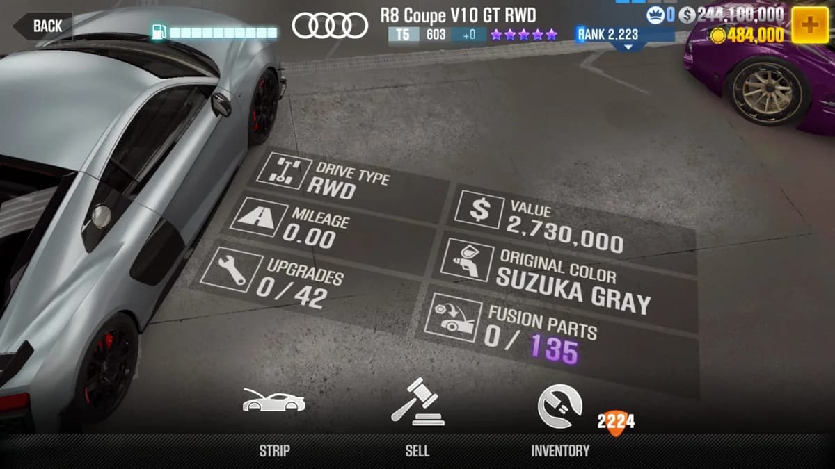 Audi R8 Coupe V10 GT RWD CSR2 fusion parts and upgrade breakdown, tier 5 gold star car