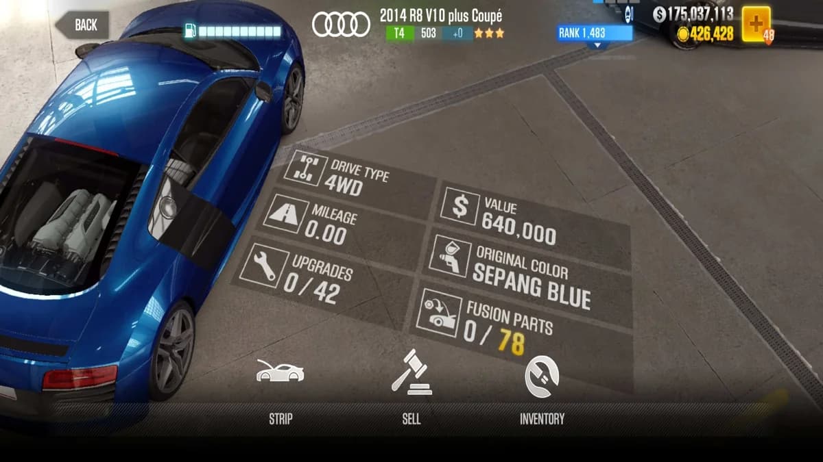 Audi 2014 R8 V10 plus Coupe CSR2 fusion parts and upgrade breakdown, tier 4 gold star car