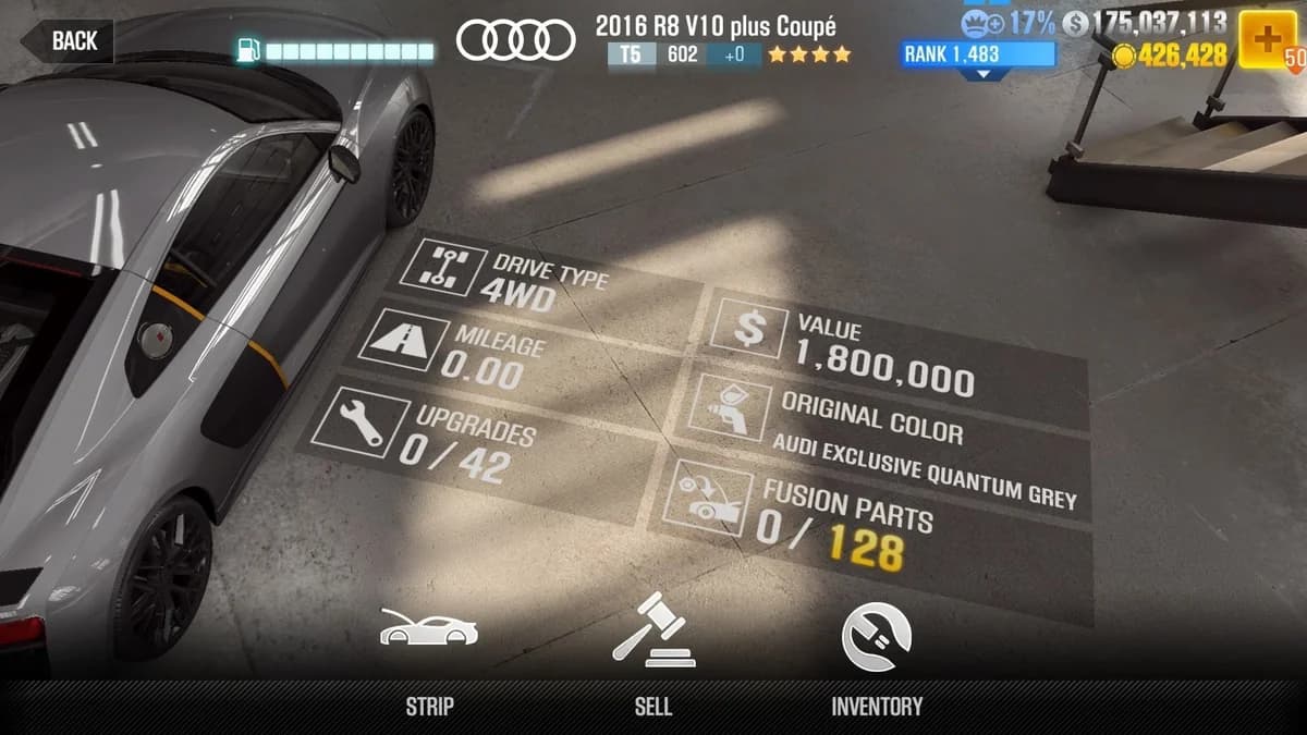 Audi 2016 R8 V10 plus Coupe CSR2 fusion parts and upgrade breakdown, tier 5 gold star car