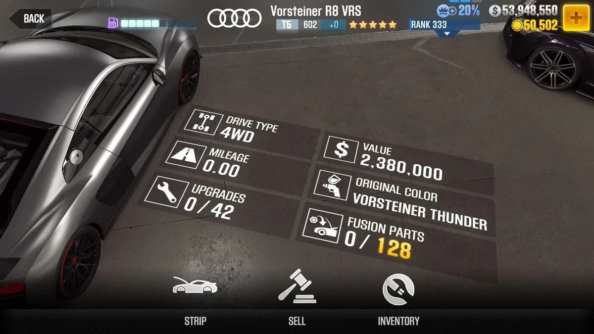 Audi Vorsteiner R8 VRS CSR2 fusion parts and upgrade breakdown, tier 5 purple star car