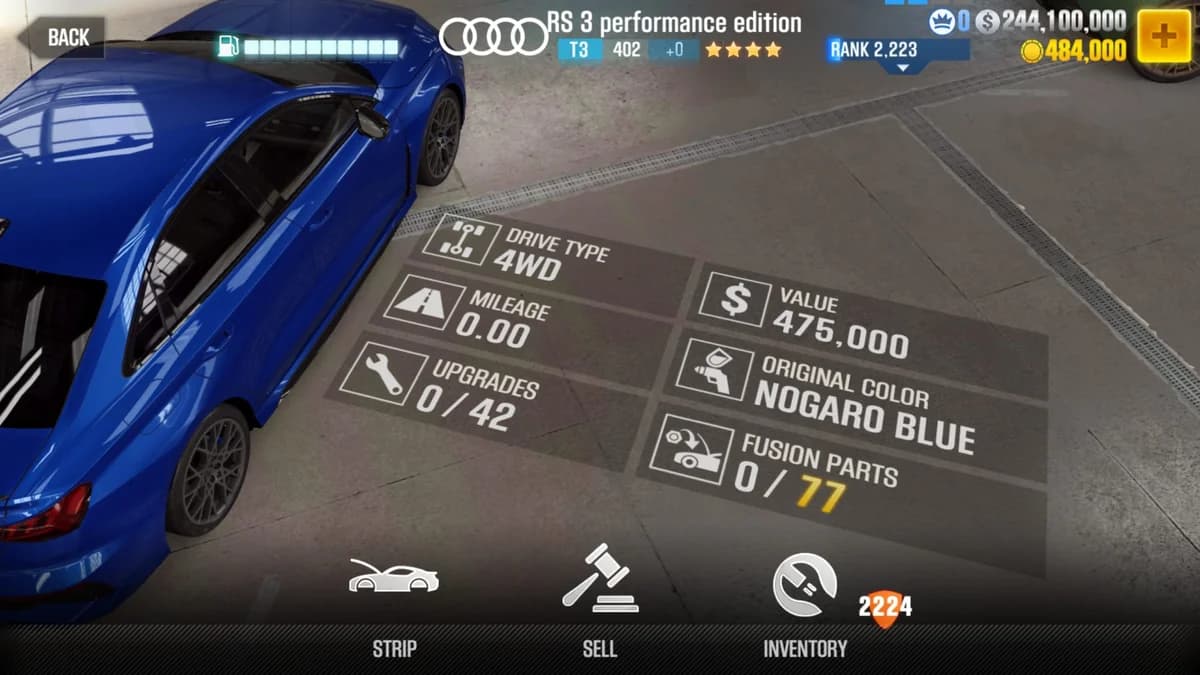 Audi RS 3 Sedan performance edition CSR2 fusion parts and upgrade breakdown, tier 3 purple star car
