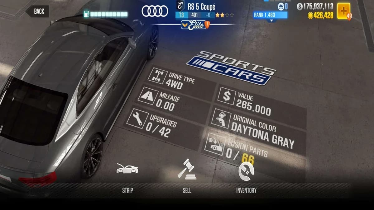 Audi RS 5 Coupe (E.C. Level 0) CSR2 fusion parts and upgrade breakdown, tier 3 gold star car