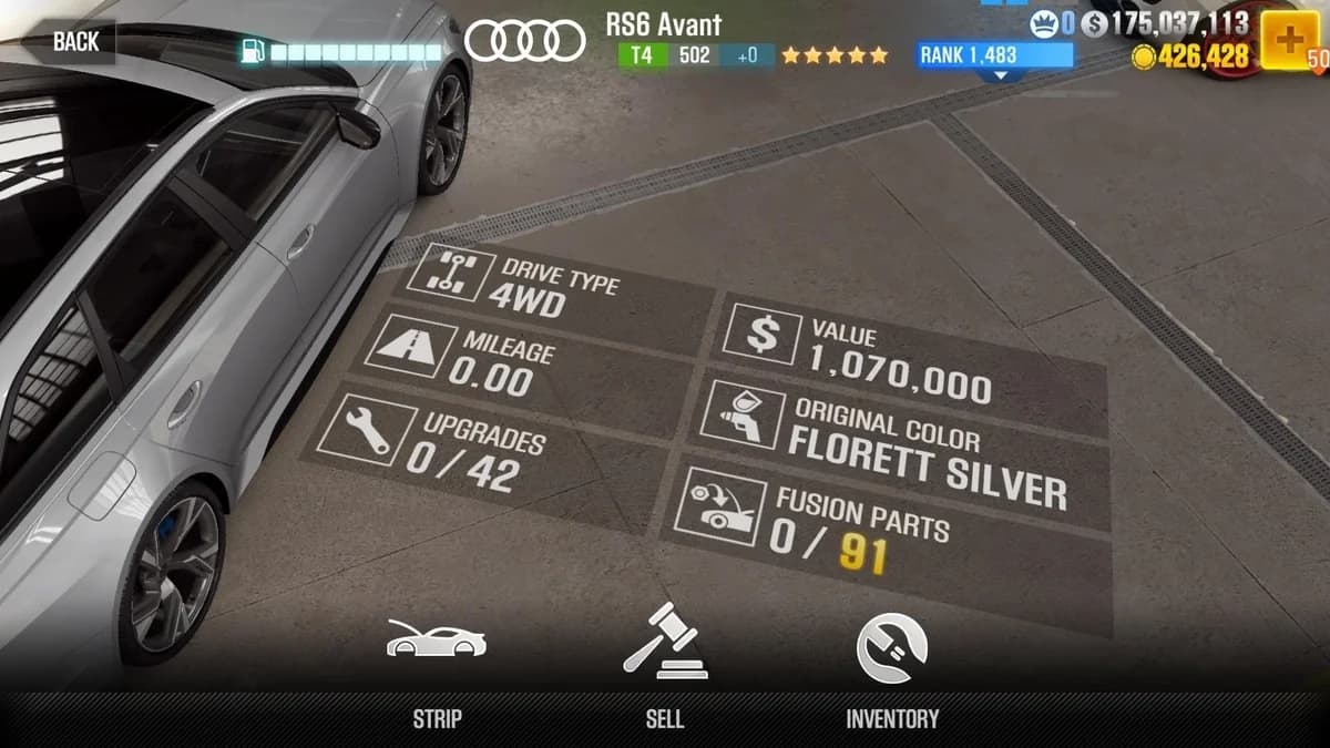 Audi RS6 Avant CSR2 fusion parts and upgrade breakdown, tier 4 gold star car