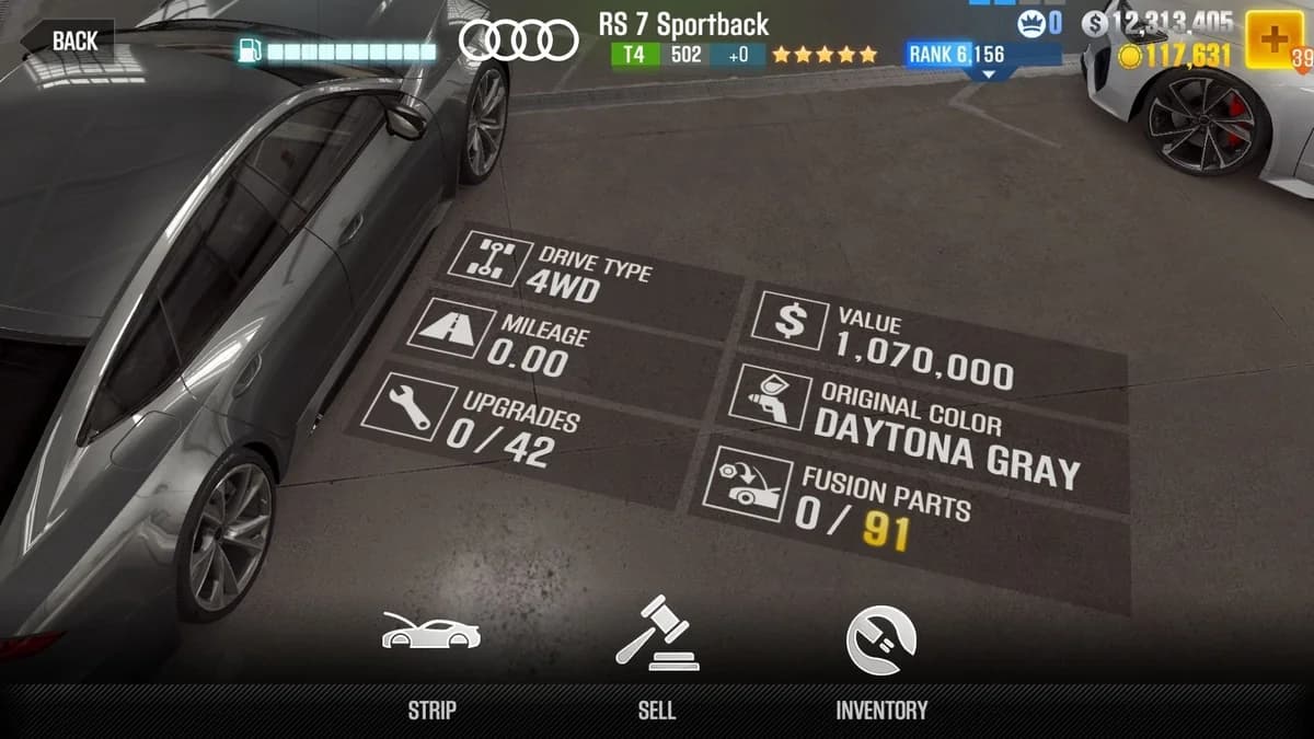 Audi RS 7 Sportback CSR2 fusion parts and upgrade breakdown, tier 4 gold star car