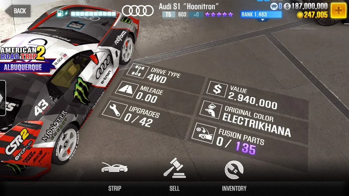 Audi S1 ''Hoonitron'' CSR2 fusion parts and upgrade breakdown, tier 5 purple star car