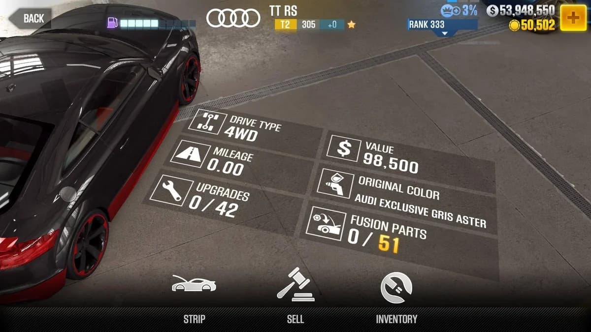Audi TT RS CSR2 fusion parts and upgrade breakdown, tier 2 gold star car