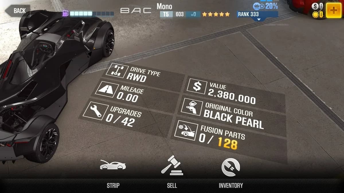 BAC Mono CSR2 fusion parts and upgrade breakdown, tier 5 gold star car