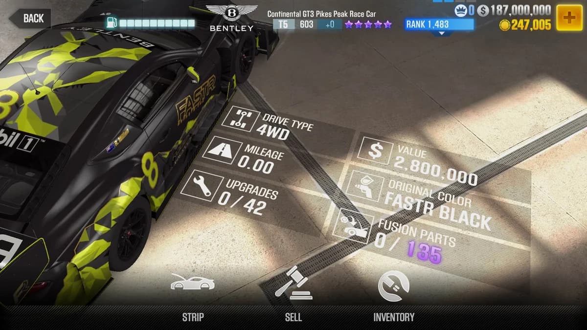 Bentley Continental GT3 Pikes Peak Race Car CSR2 fusion parts and upgrade breakdown, tier 5 purple star car