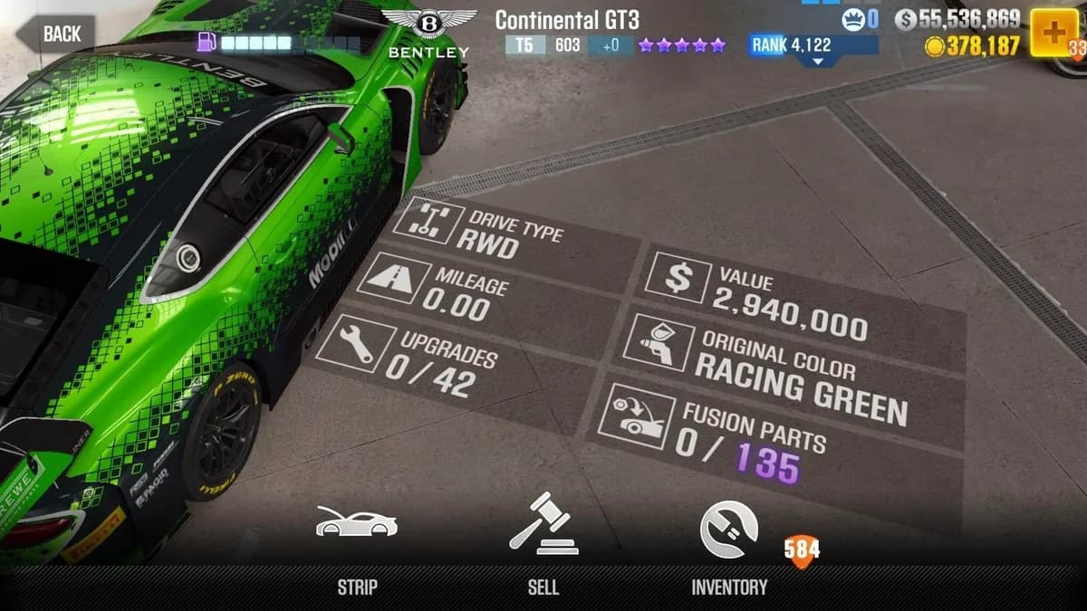 Bentley Continental GT3 Race Car CSR2 fusion parts and upgrade breakdown, tier 5 purple star car