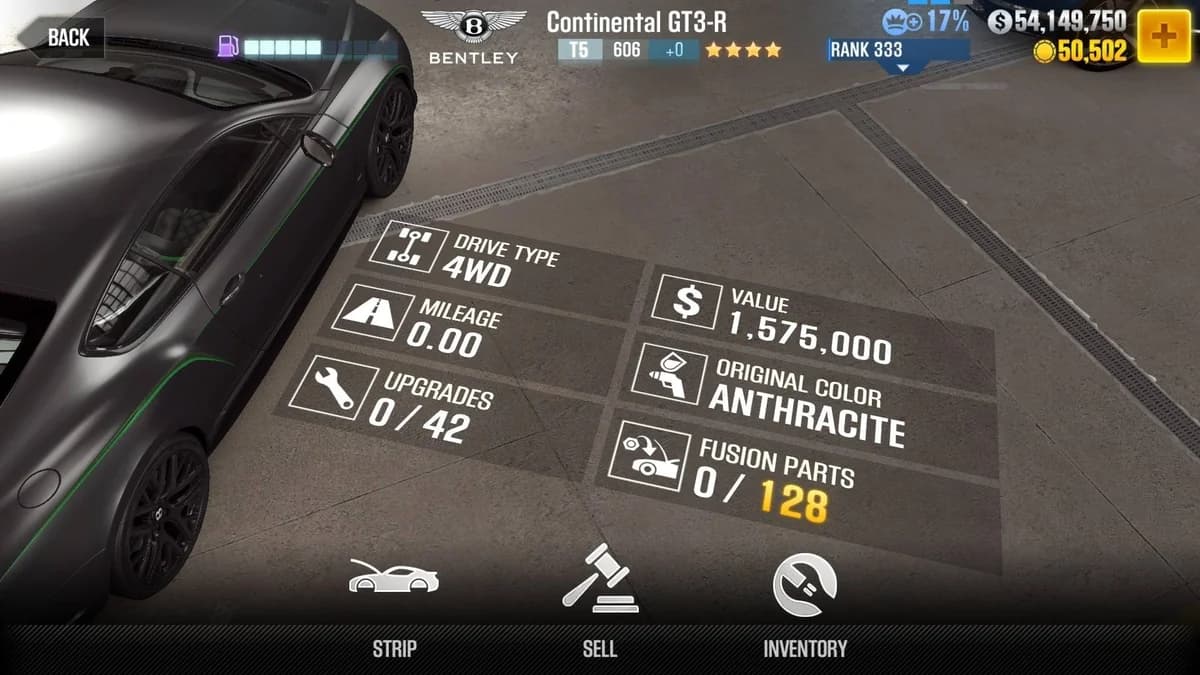 Bentley Continental GT3-R CSR2 fusion parts and upgrade breakdown, tier 5 gold star car