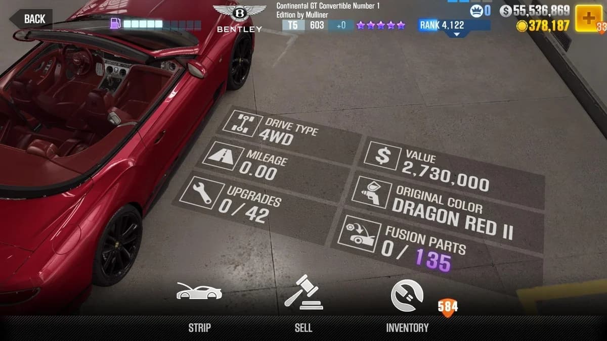 Bentley Continental GT Convertible Number 1 Edition by Mulliner CSR2 fusion parts and upgrade breakdown, tier 5 purple star car