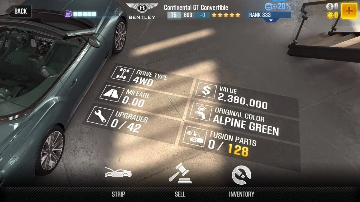 Bentley Continental GT Convertible CSR2 fusion parts and upgrade breakdown, tier 5 gold star car