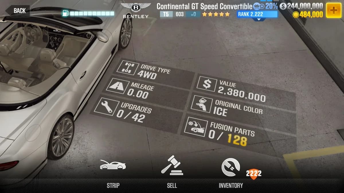 Bentley Continental GT Speed Convertible CSR2 fusion parts and upgrade breakdown, tier 5 gold star car